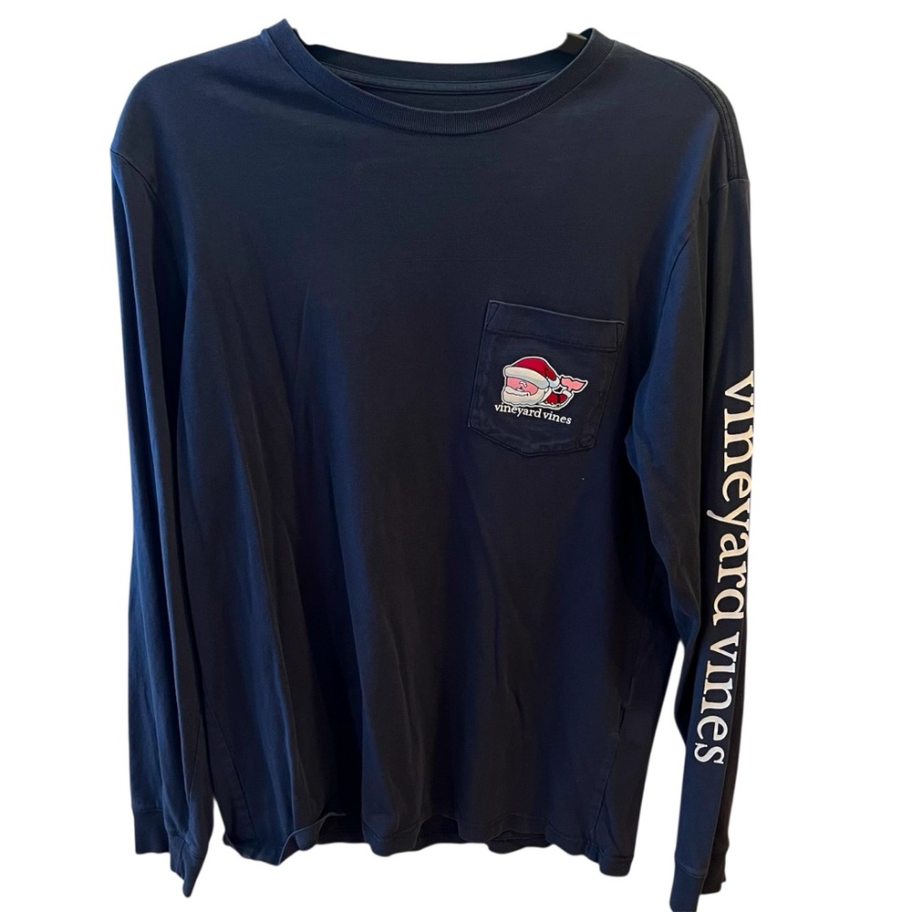 Vineyard Vines Men's Navy Long Sleeve Shirt with Santa in the Whale Logo.  Small